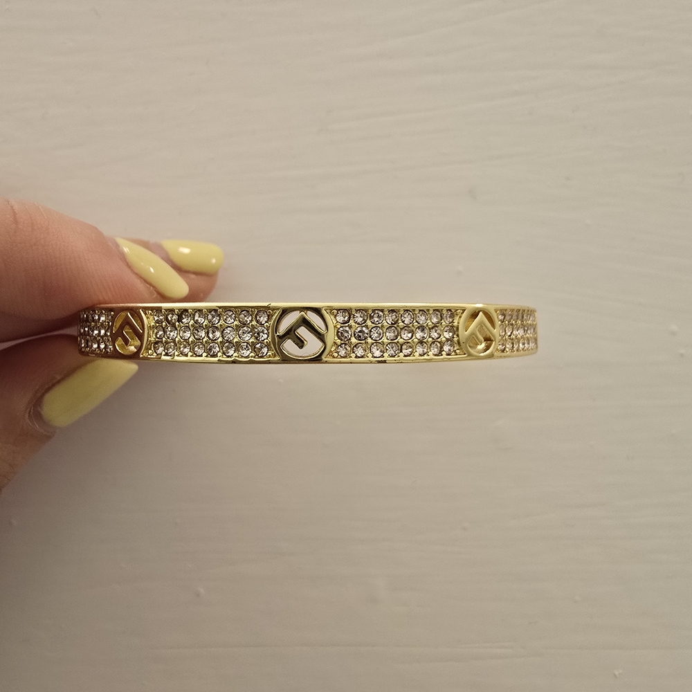 Fendi Gold Crystal Pave Logo Bangle Bracelet